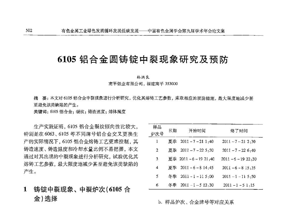 6105铝合金圆铸锭中裂现象研究及预防 - 中国有色金属学会第九届学术年会