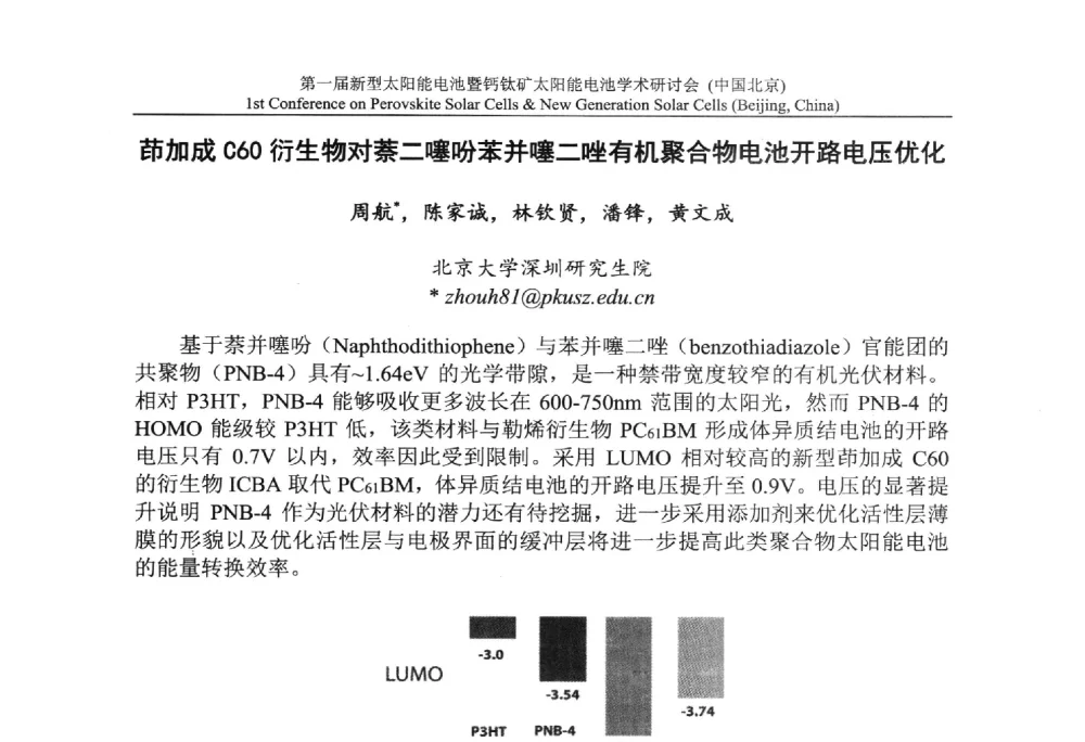 茚加成C60衍生物对萘二噻吩苯并噻二唑有机聚合物电池开路电压优化 - 第一届新型太阳能电池暨钙钛矿太阳能电池学术研讨会