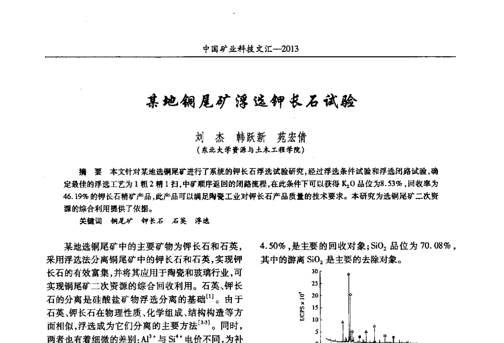 某地铜尾矿浮选钾长石试验 - 2013第四届中国矿业科技大会