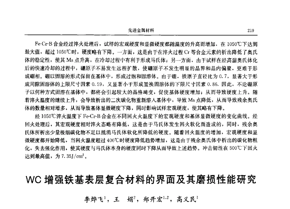 WC增强铁基表层复合材料的界面及其磨损性能研究 - 2013广东材料发展论坛暨战略性新兴产业发展与新材料科技创新研讨会
