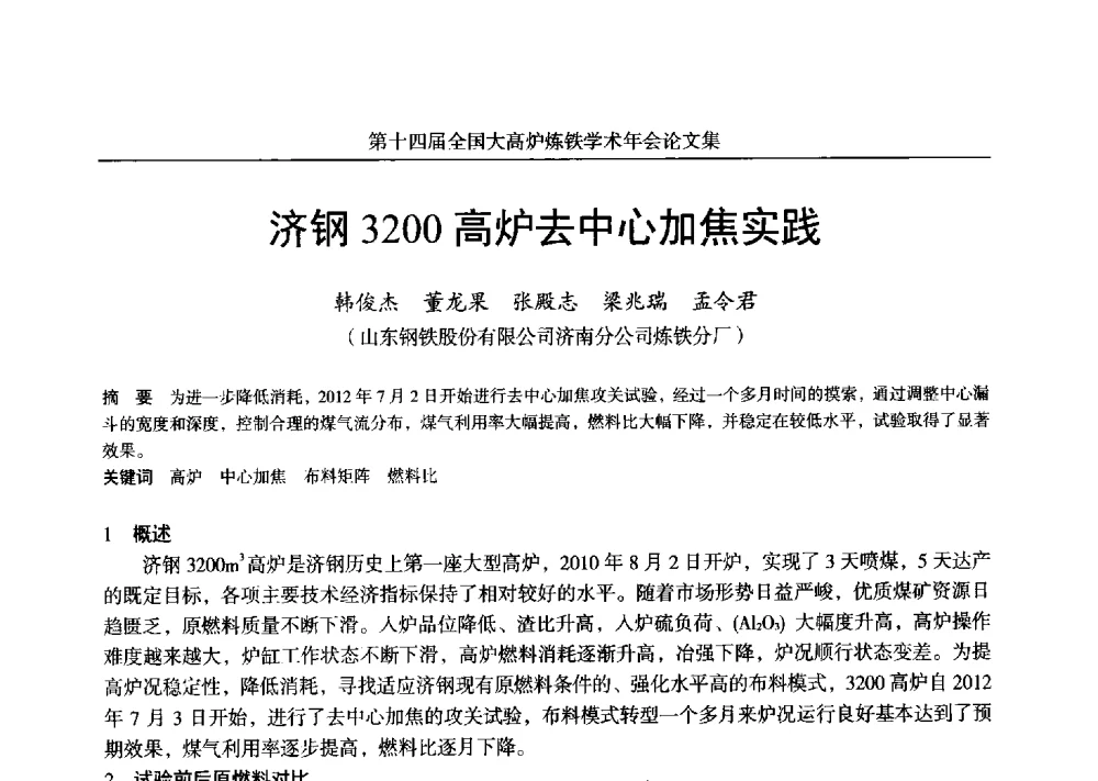 济钢3200高炉去中心加焦实践 - 第十四届全国大高炉炼铁学术年会