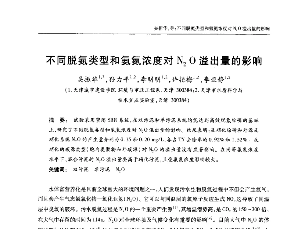 不同脱氮类型和氨氮浓度对N2O溢出量的影响 - 中国土木工程学会全国排水委员会2013年年会