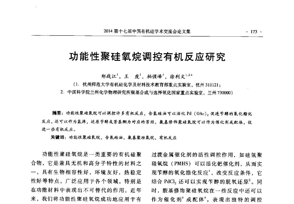 功能性聚硅氧烷调控有机反应研究 - 第十七届中国有机硅学术交流会