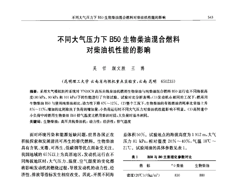 不同大气压力下B50生物柴油混合燃料对柴油机性能的影响 - 中国内燃机学会第五届青年学术年会