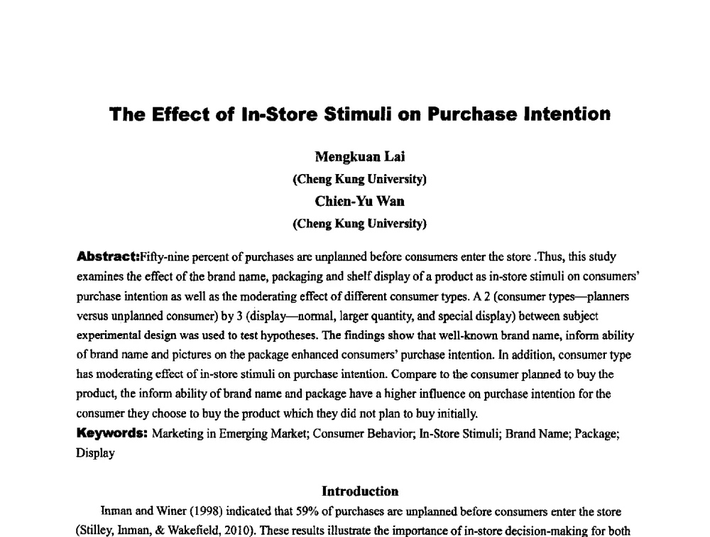 The Effect of In-Store Stimuli on Purchase Intention - 第十二届海峡两岸科技与经济论坛