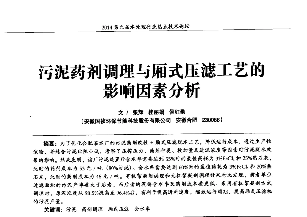 污泥药剂调理与厢式压滤工艺的影响因素分析 - 第九届水处理行业热点技术论坛