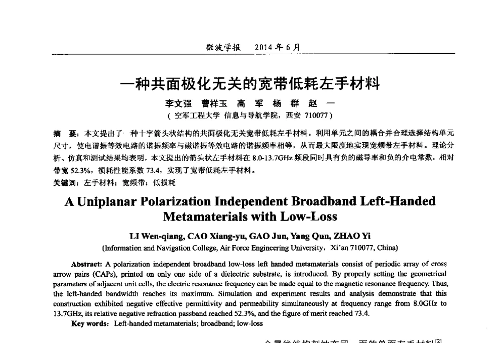 一种共面极化无关的宽带低耗左手材料 - 2014年全国军事微波技术暨太赫兹技术学术会议