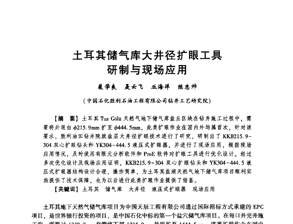 土耳其储气库大井径扩眼工具研制与现场应用 - 2014年度钻井技术研讨会暨第十四届石油钻井院(所)长会议