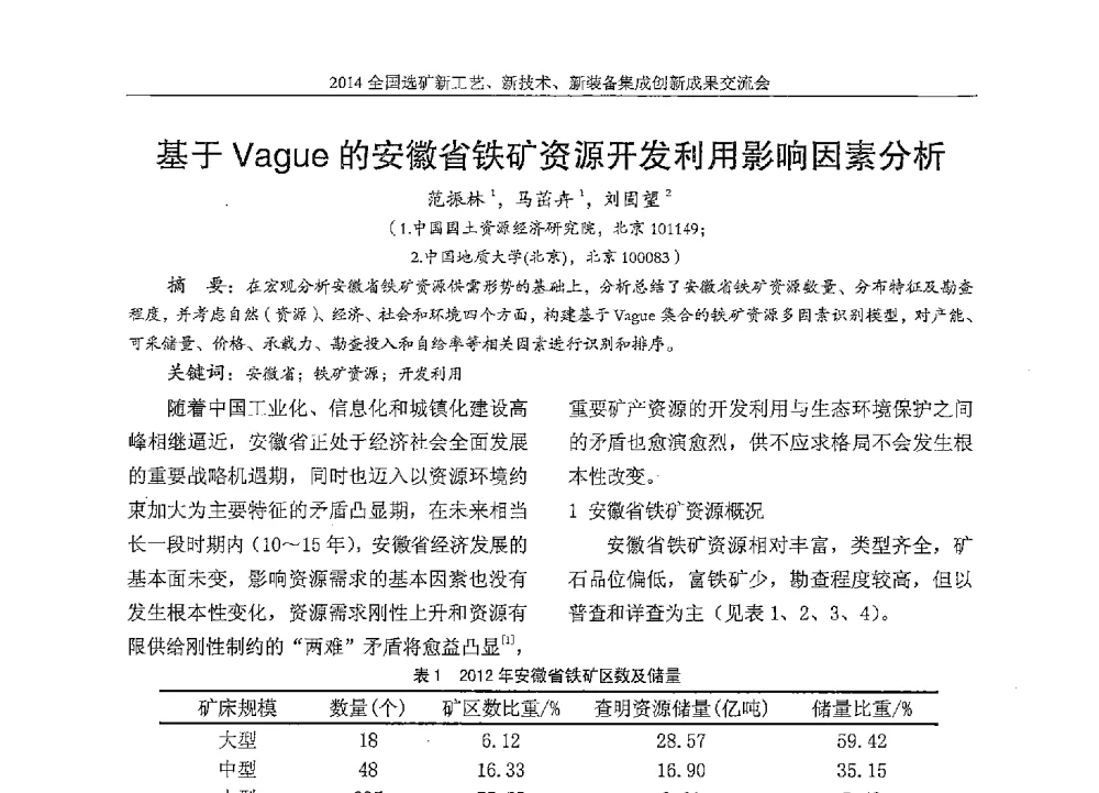 基于Vague的安徽省铁矿资源开发利用影响因素分析 - 2014全国选矿新工艺、新技术、新装备集成创新成果交流会