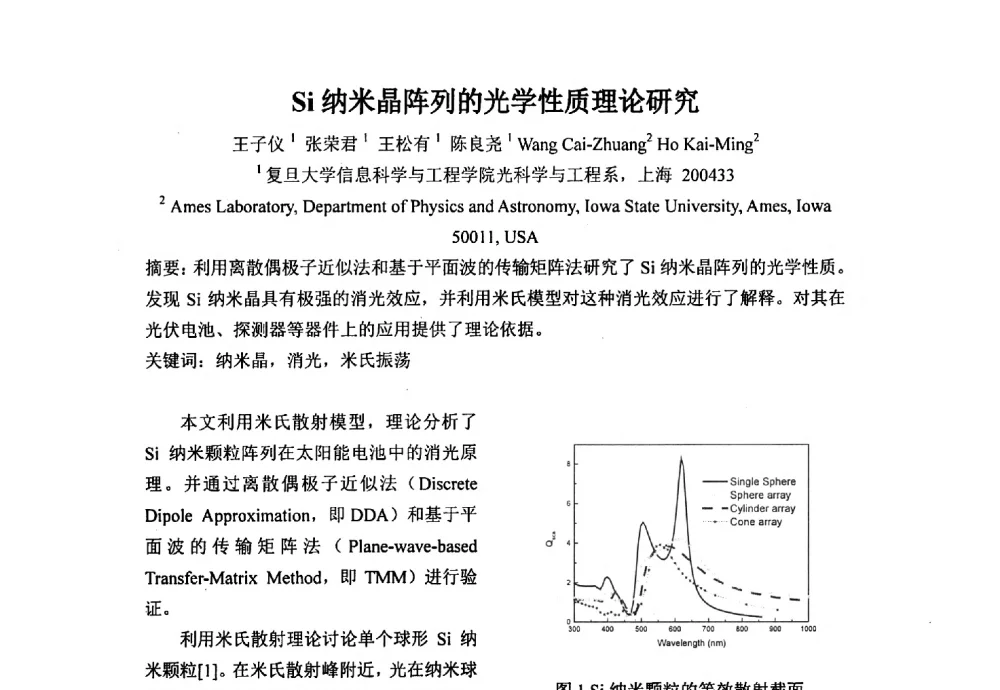 Si纳米晶阵列的光学性质理论研究 - 上海市激光学会2013年学术年会