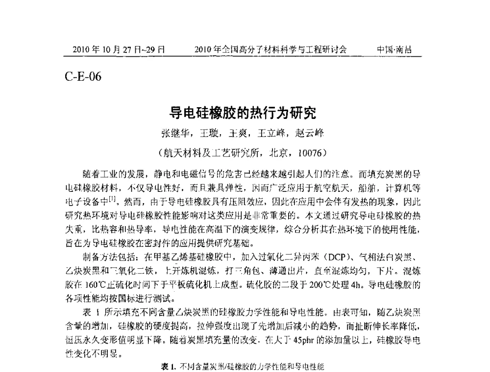 导电硅橡胶的热行为研究 - 2010年全国高分子材料科学与工程研讨会