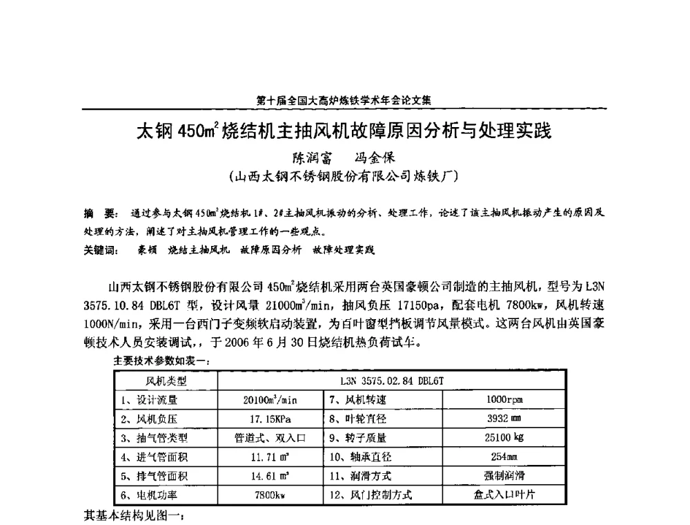 太钢450m2烧结机主抽风机故障原因分析与处理实践 - 第10届全国大高炉炼铁学术年会
