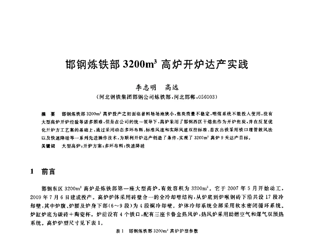 邯钢炼铁部3200m3高炉开炉达产实践 - 2010年全国炼铁生产技术会议暨炼铁年会