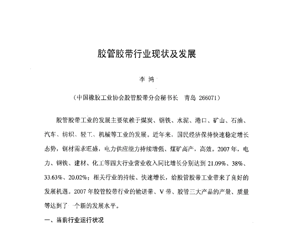 胶管胶带行业现状及发展 - 橡胶工业骨架材料中外技术论坛暨2008年度骨架材料专业委员会会员大会