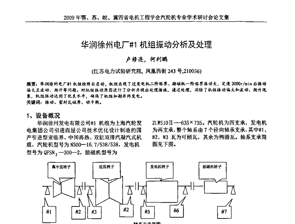 华润徐州电厂#1机组振动分析及处理 - 2009年鄂、苏、皖、冀四省电机工程学会汽轮机专业学术研讨会