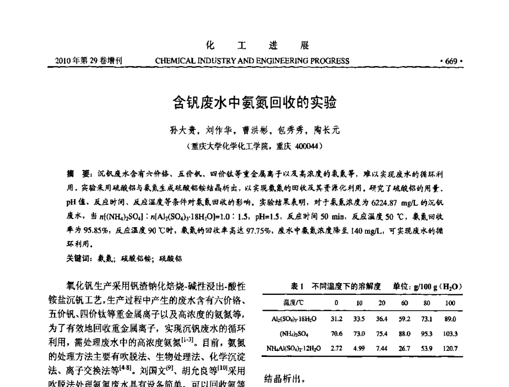 含钒废水中氨氮回收的实验 - 中国化工学会2010年年会暨第二届石油补充与替代能源开发利用技术论坛