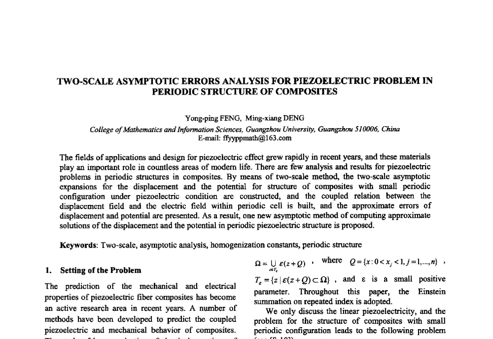 TWO-SCALE ASYMPTOTIC ERRORS ANALYSIS FOR PIEZOELECTRIC PROBLEM IN PERIODIC STRUCTURE OF COMPOSITES - 2010年全国压电和声波理论及器件技术研讨会