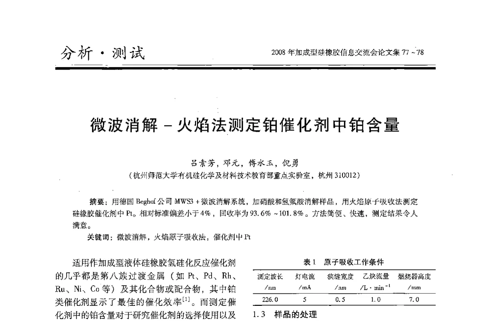 微波消解-火焰法测定铂催化剂中铂含量 - 2008年加成型硅橡胶信息交流会