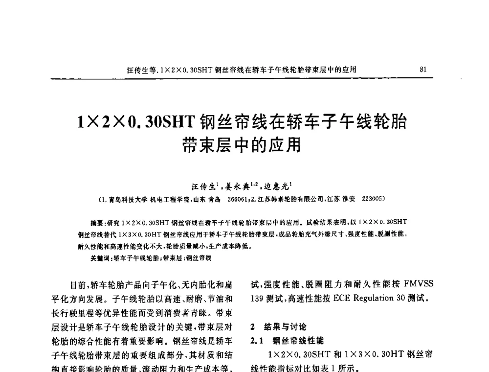 120.30SHT钢丝帘线在轿车子午线轮胎带束层中的应用 - 第五届全国橡胶工业用织物和骨架材料技术研讨会
