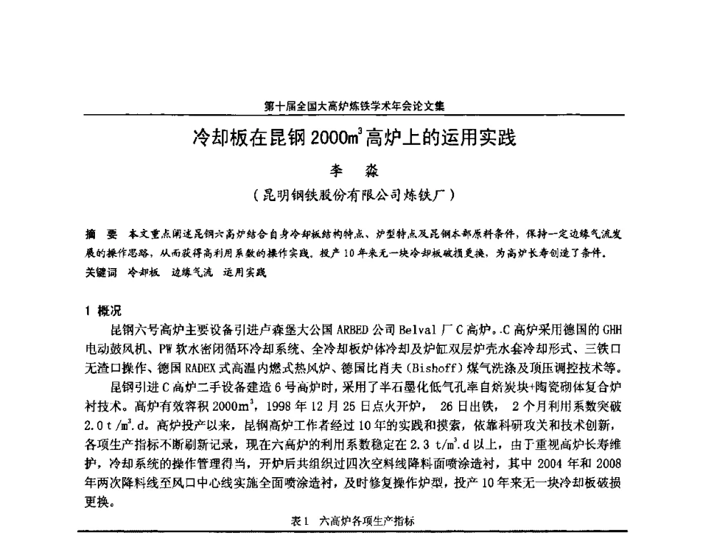 冷却板在昆钢2000m3高炉上的运用实践 - 第10届全国大高炉炼铁学术年会