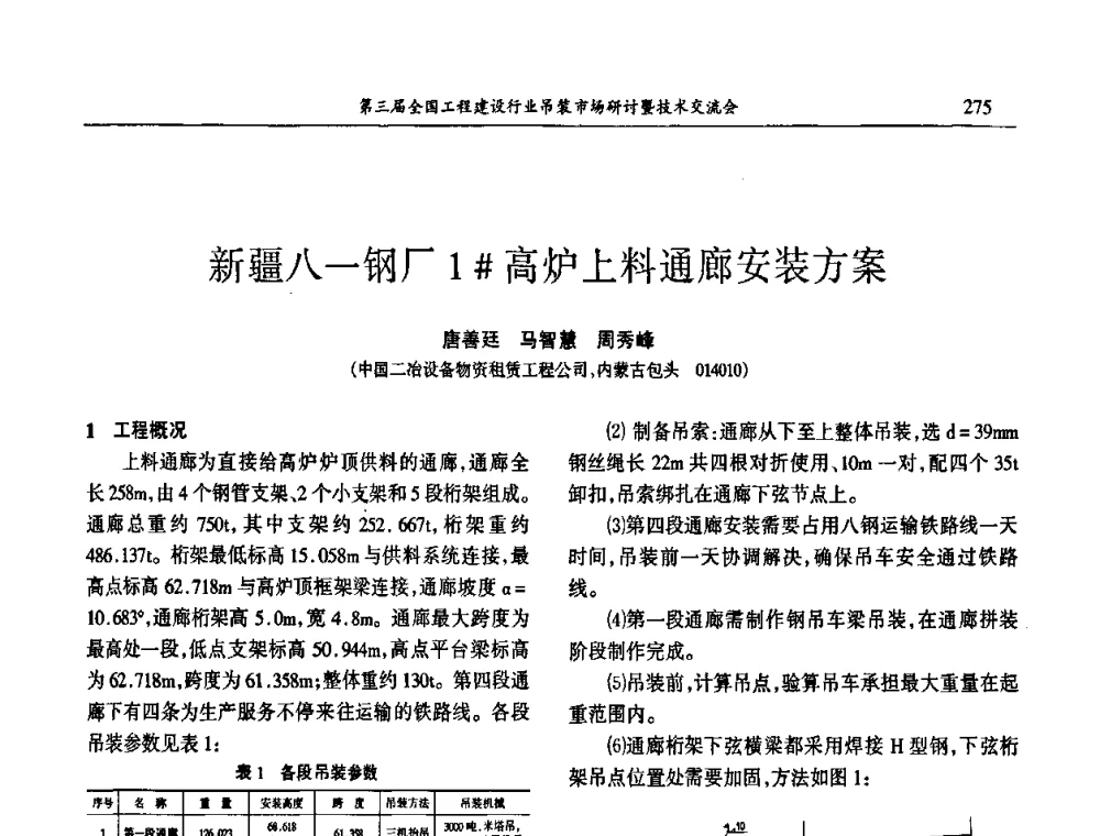 新疆八一钢厂1[＃]高炉上料通廊安装方案 - 第3届全国工程建设行业吊装市场研讨暨技术交流会