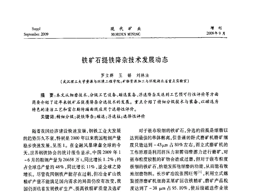 铁矿石提铁降杂技术发展动态 - 第九届中国选矿大会