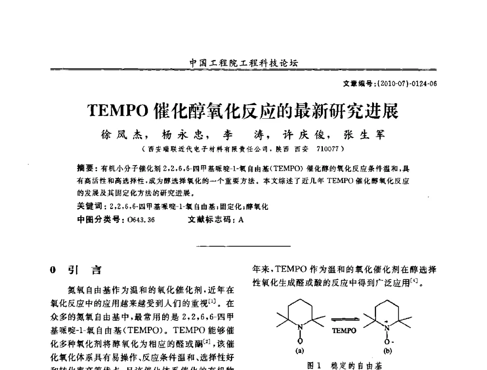 TEMPO催化醇氧化反应的最新研究进展 - 中国工程院第100场工程科技论坛——轻工重点行业节约资源与保护环境的技术研究与开发