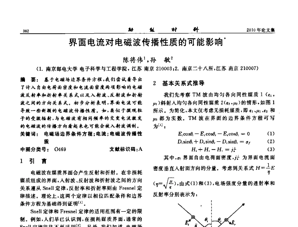 界面电流对电磁波传播性质的可能影响 - 第七届中国功能材料及其应用学术会议