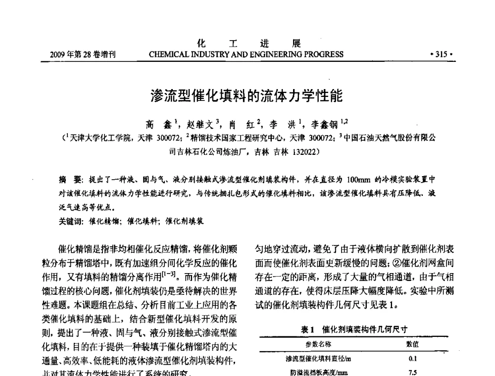 渗流型催化填料的流体力学性能 - 中国化工学会2009年年会暨第三届全国石油和化工行业节能节水减排技术论坛