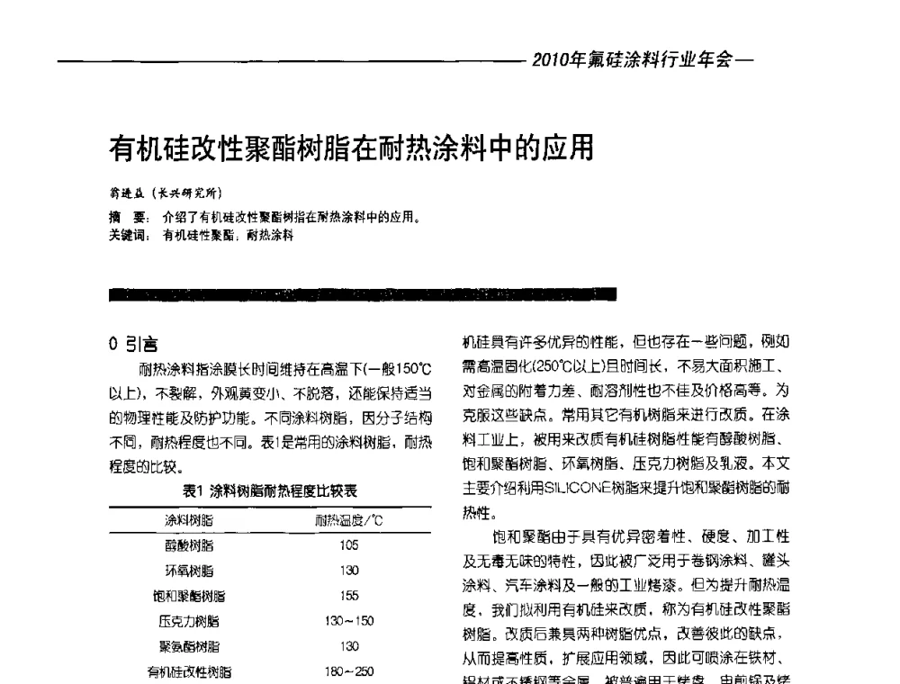 有机硅改性聚酯树脂在耐热涂料中的应用 - 2010氟硅涂料年会