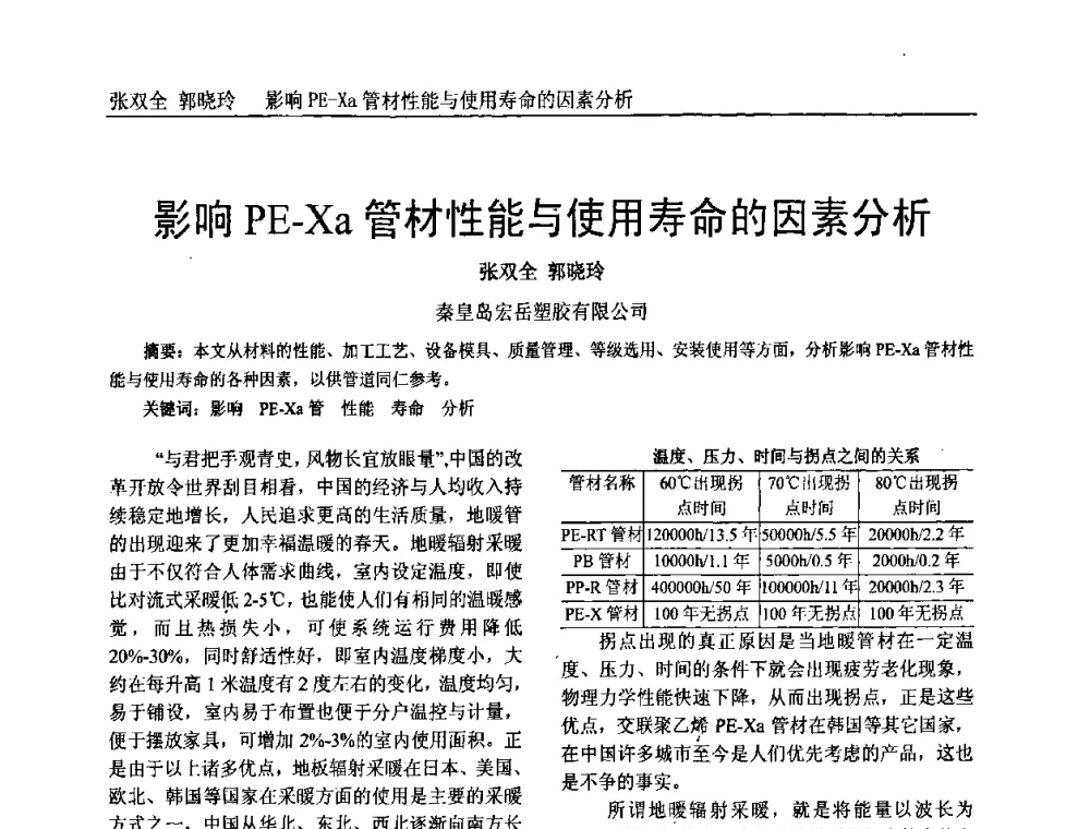 影响PE-Xa管材性能与使用寿命的因素分析 - 中国塑料加工工业协会专家委员会第二届一次全体大会暨塑料新技术、新材料、新成果交流大会