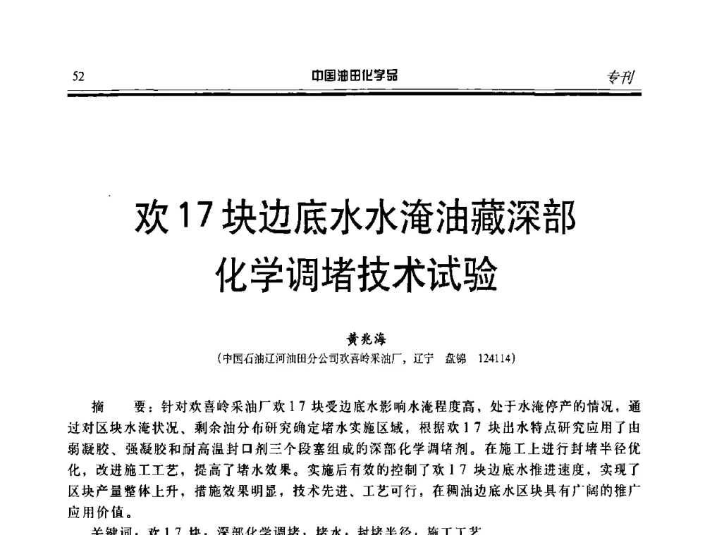 欢17块边底水水淹油藏深部化学调堵技术试验 - 第九届中国油田化学品开发应用研讨会暨全国油田化学品行业联合会年会
