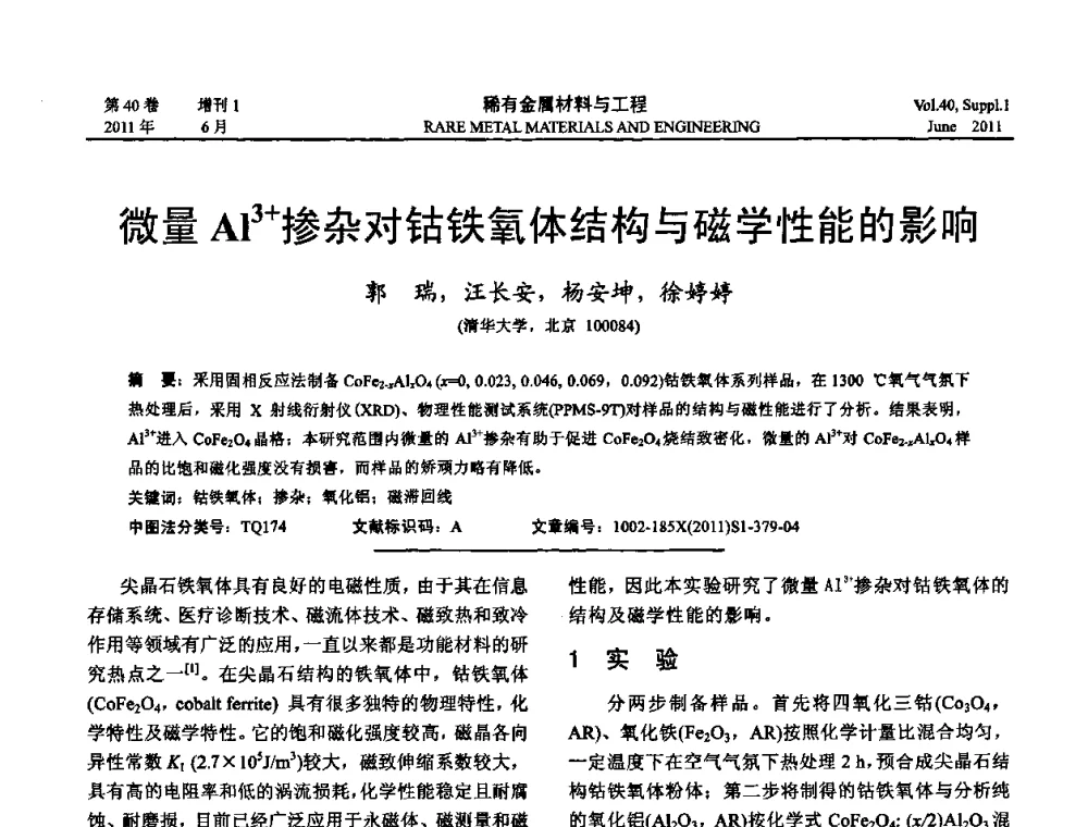 微量Al3+掺杂对钴铁氧体结构与磁学性能的影响 - 第十六届全国高技术陶瓷学术年会暨景德镇高技术陶瓷高层论坛