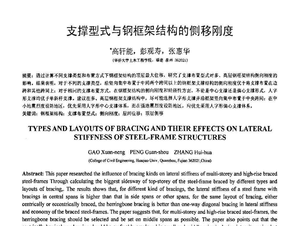 支撑型式与钢框架结构的侧移刚度 - 第18届全国结构工程学术会议