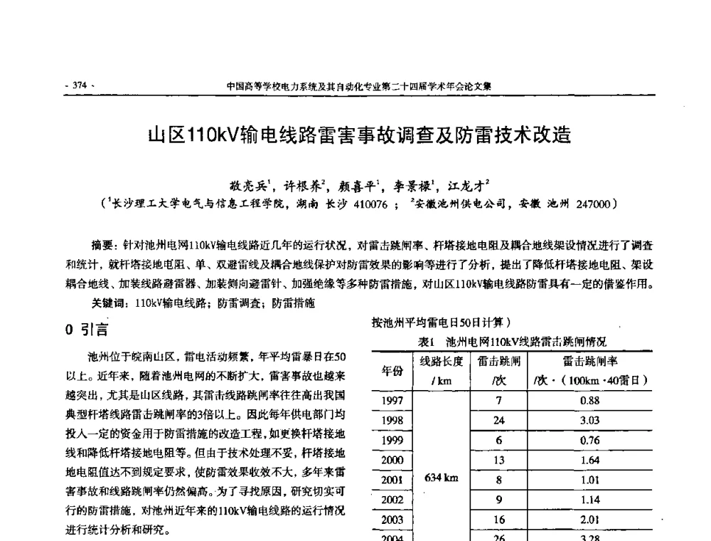 山区110kV输电线路雷害事故调查及防雷技术改造 - 中国高等学校电力系统及其自动化专业第二十四届学术年会