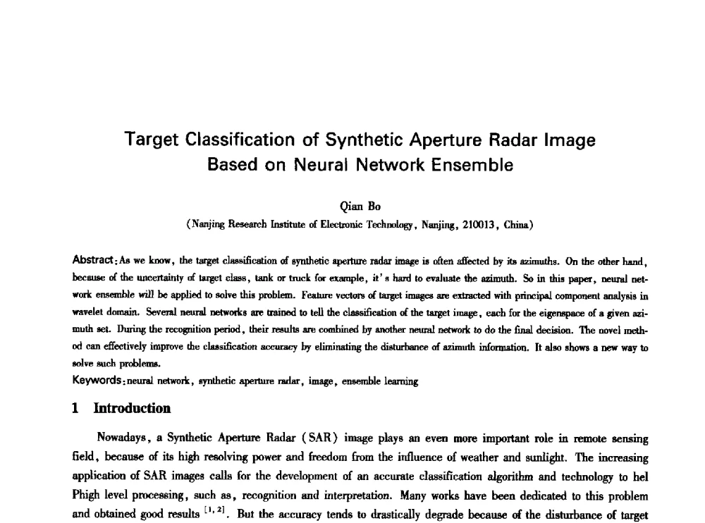 Target Classification of Synthetic Aperture Radar Image Based on Neural Network Ensemble - 中国通信学会第六届学术年会