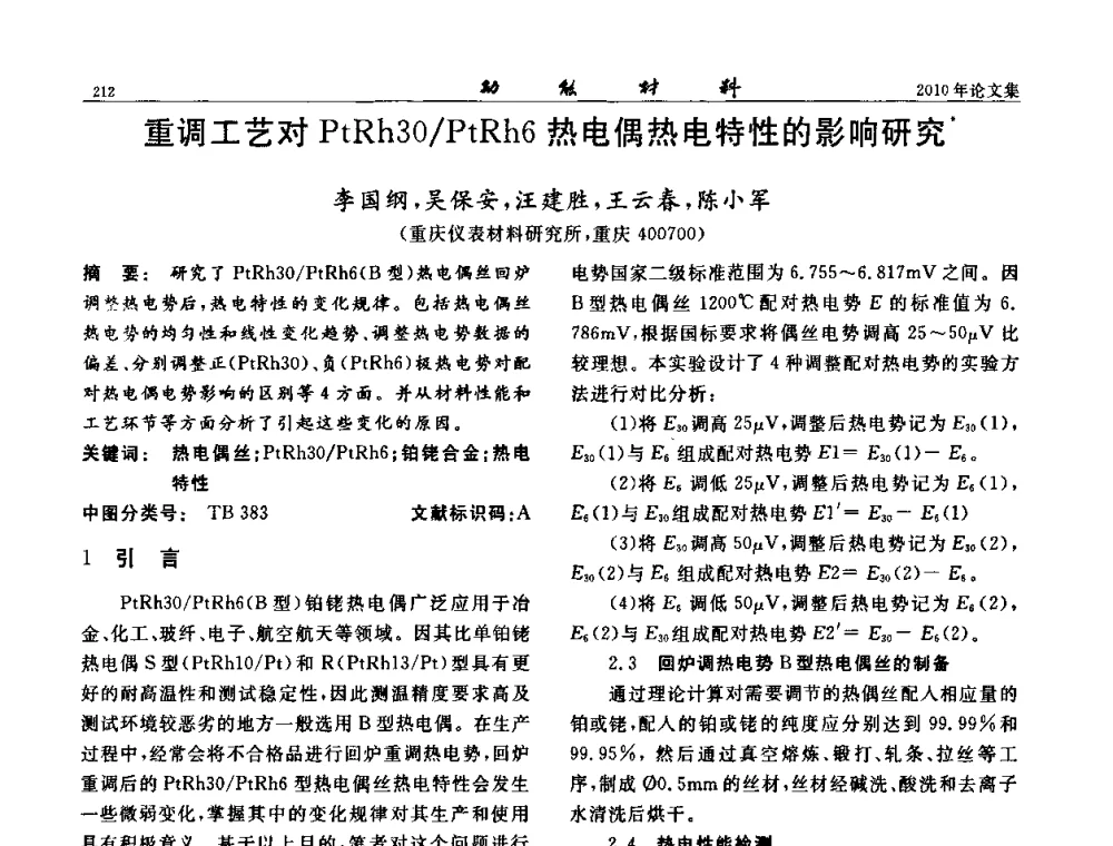 重调工艺对PtRh30_PtRh6热电偶热电特性的影响研究 - 第七届中国功能材料及其应用学术会议