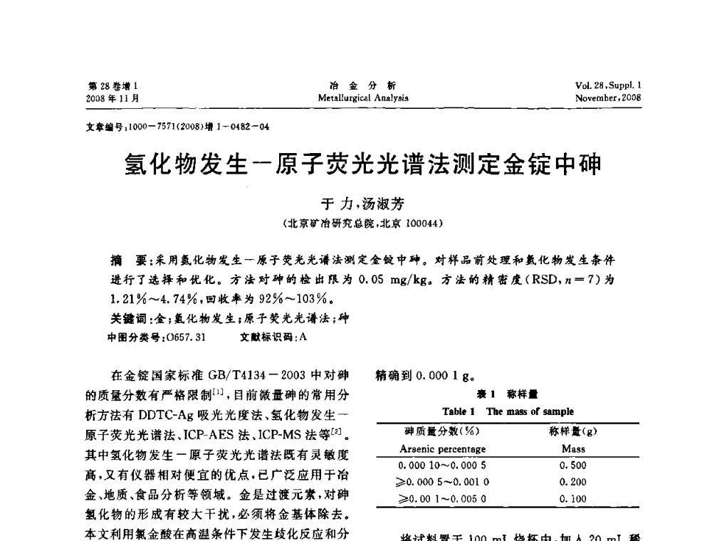 氢化物发生—原子荧光光谱法测定金锭中砷 - 2008年国际冶金及材料分析测试学术报告会