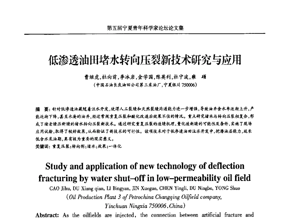 低渗透油田堵水转向压裂新技术研究与应用 - 宁夏第五届青年科学家论坛
