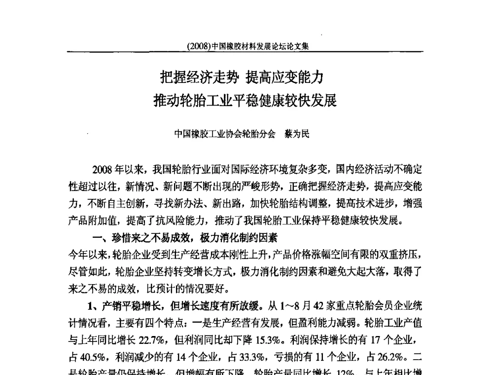 把握经济走势 提高应变能力 推动轮胎工业平稳健康较快发展 - 第二届中国橡胶材料发展论坛