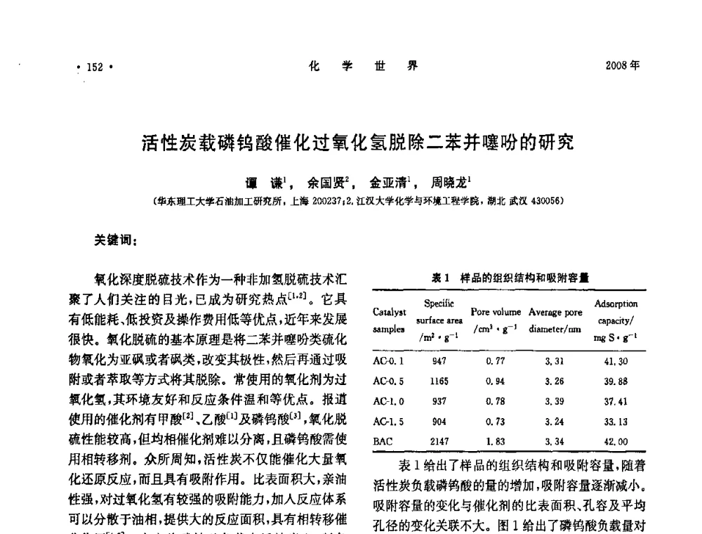 活性炭载磷钨酸催化过氧化氢脱除二苯并噻吩的研究 - 上海市化学化工学会2008年度学术年会