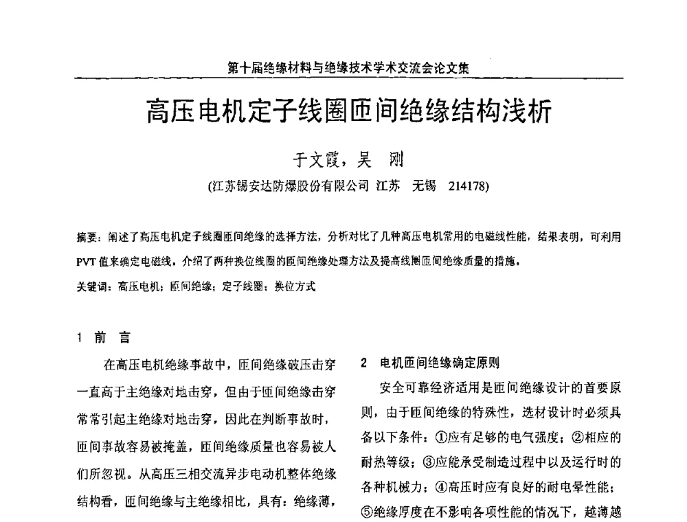 高压电机定子线圈匝间绝缘结构浅析 - 第十届绝缘材料与绝缘技术学术会议