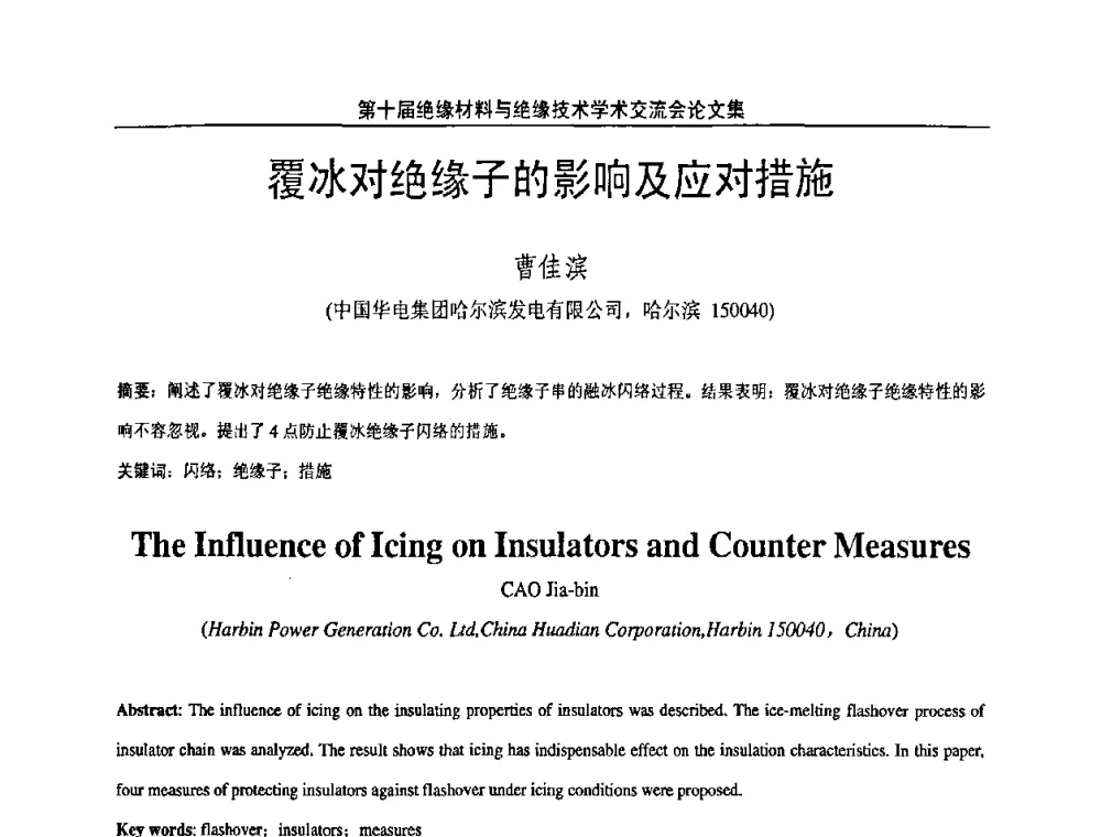 覆冰对绝缘子的影响及应对措施 - 第十届绝缘材料与绝缘技术学术会议