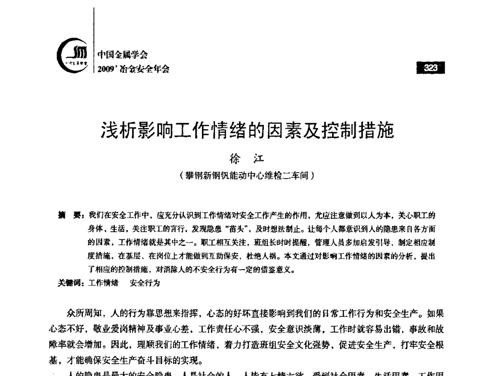 浅析影响工作情绪的因素及控制措施 - 2009’中国金属学会冶金安全年会