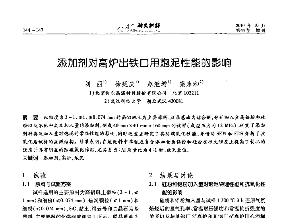 添加剂对高炉出铁口用炮泥性能的影响 - 第十二届全国耐火材料青年学术报告会