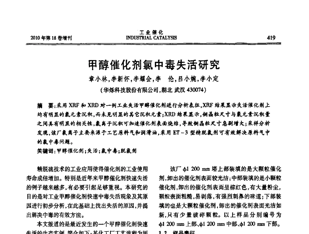 甲醇催化剂氯中毒失活研究 - 第七届全国工业催化技术及应用年会