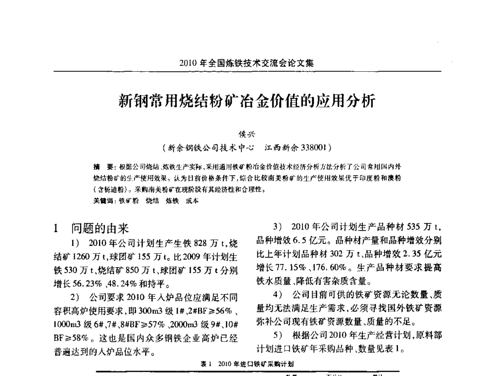 新钢常用烧结粉矿冶金价值的应用分析 - 2010年全国炼铁技术交流会