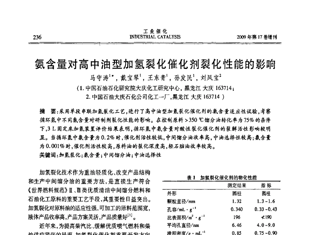 氨含量对高中油型加氢裂化催化剂裂化性能的影响 - 第六届全国工业催化技术及应用年会