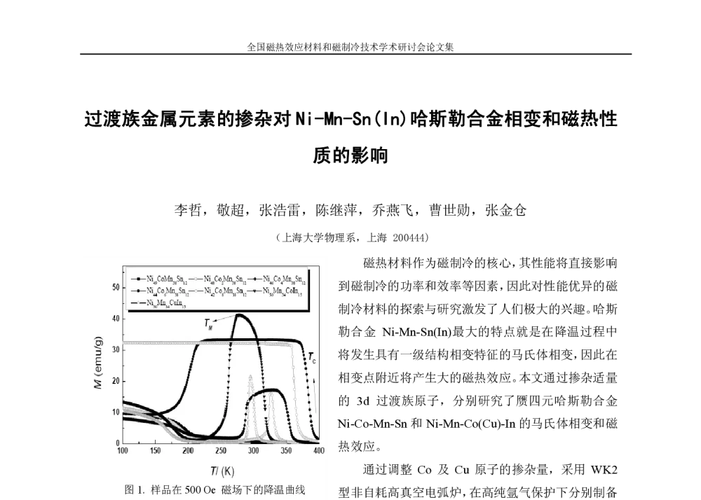 过渡族金属元素的掺杂对Ni-Mn-Sn(In)哈斯勒合金相变和磁热性质的影响 - 全国磁热效应材料和磁制冷技术学术研讨会