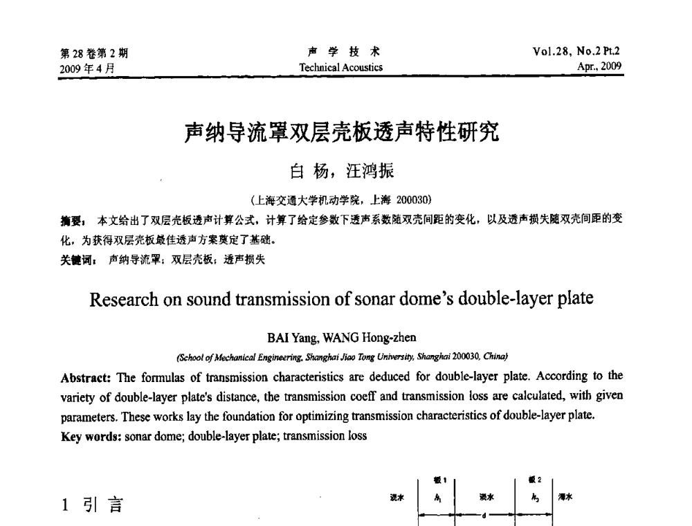 声纳导流罩双层壳板透声特性研究 - 2009年全国水声学学术交流会